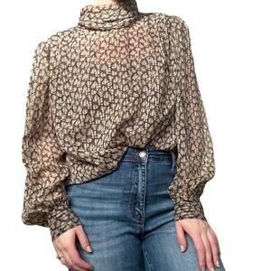 Vintage Sz 18 High Neck Sheer Chiffon Long Sleeve Peasant Crop Blouse Minimalist